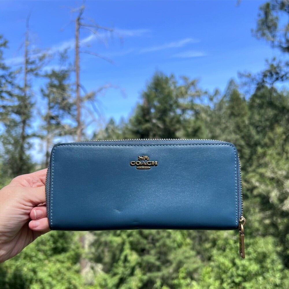 COACH Long Zip-Around Wallet Blue Smooth Leather with Brassy Gold Logo Hardware